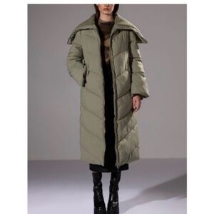 AKIRA Oversized Long Quilted Puffer Coat Sage Green Maxi Winter Jacket